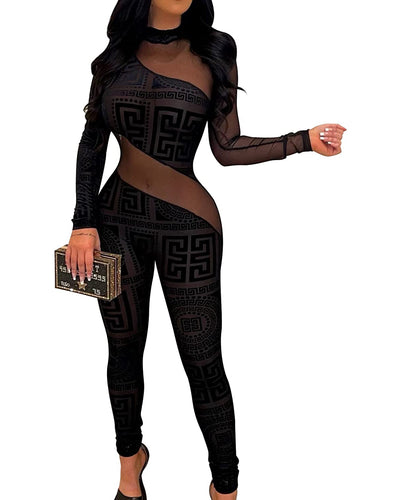 XODOLF See Through One Piece Outfits Long Sleeve Mesh Sheer Patchwork Club Party Romper