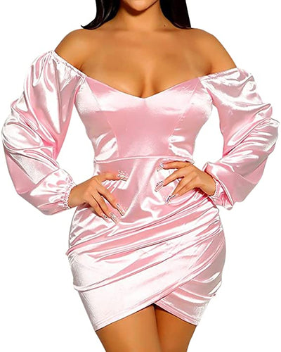 XODOLF Sexy Off The Shoulder Dress for Women Sexy Off Shoulder Ruched Bodycon Long Sleeve Mini Club Dress